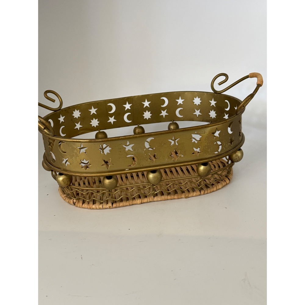 Vintage Celestial Moon and Stars Wicker Metal Oval Basket Gold Tone Boho Decor